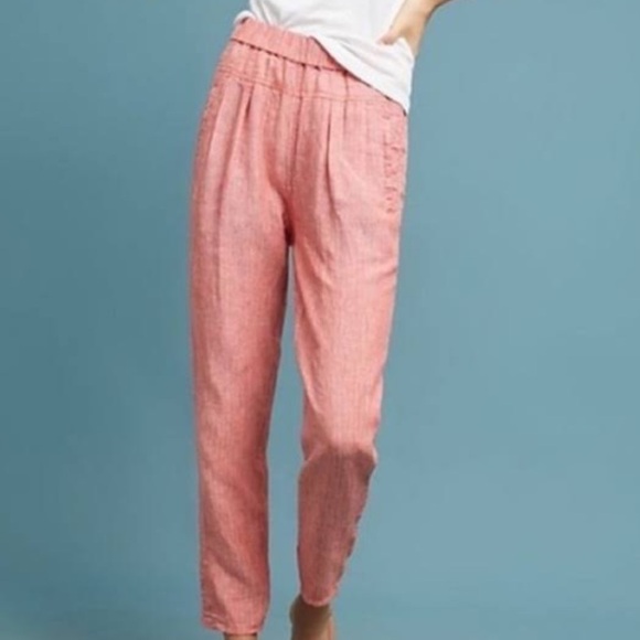 Anthropologie Pink / Salmon and White Pinstripe Linen Pull On Pants {L} - Picture 1 of 10